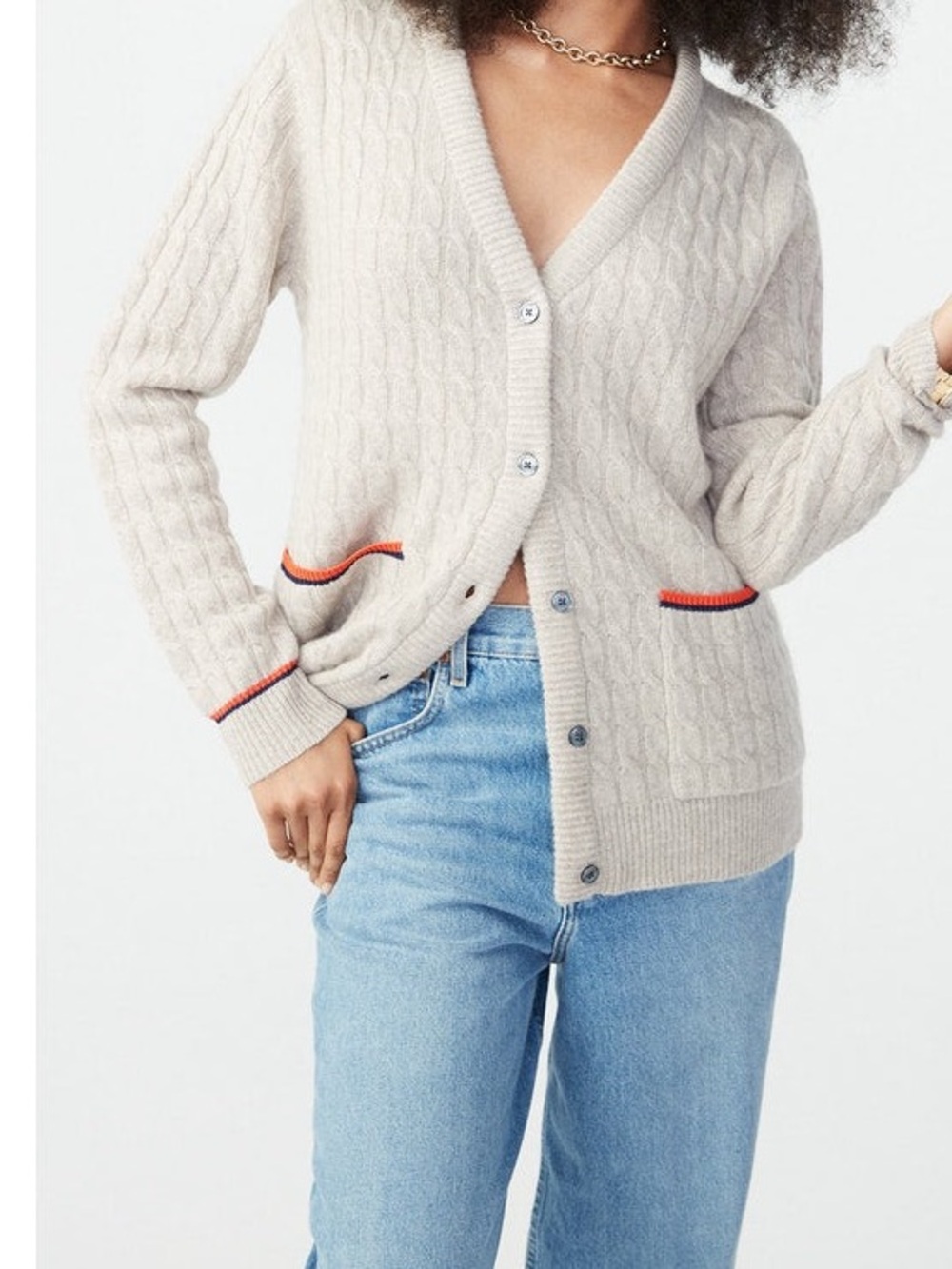 KULE Sally Ultra Soft Luxury Cashmere Cable Knit V-Neck Cardigan in Chinchilla